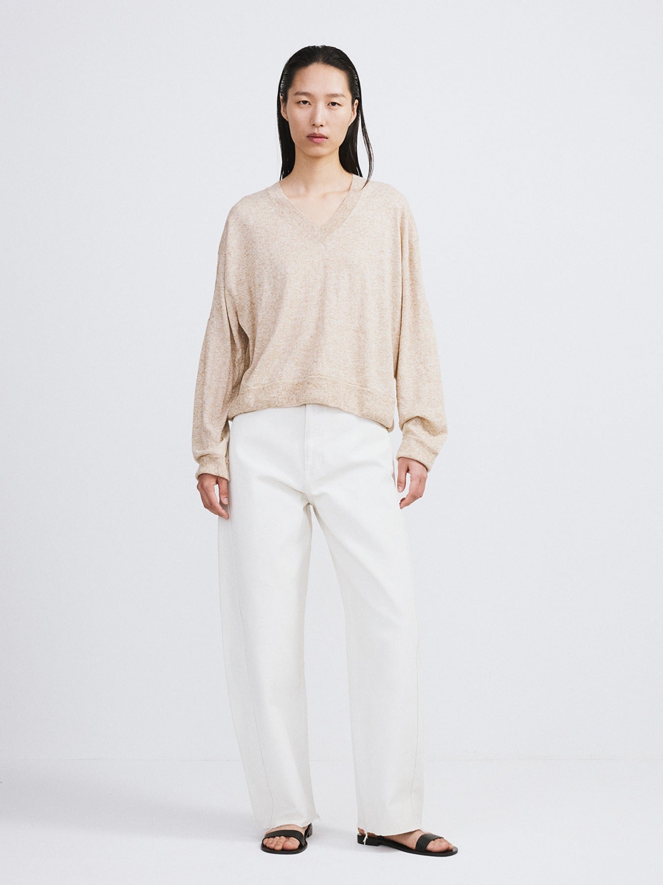 Recto - Melange V-Neck Loose Knit Top (Oatmeal) product image 1 | TRAB K-Fashion Australia
