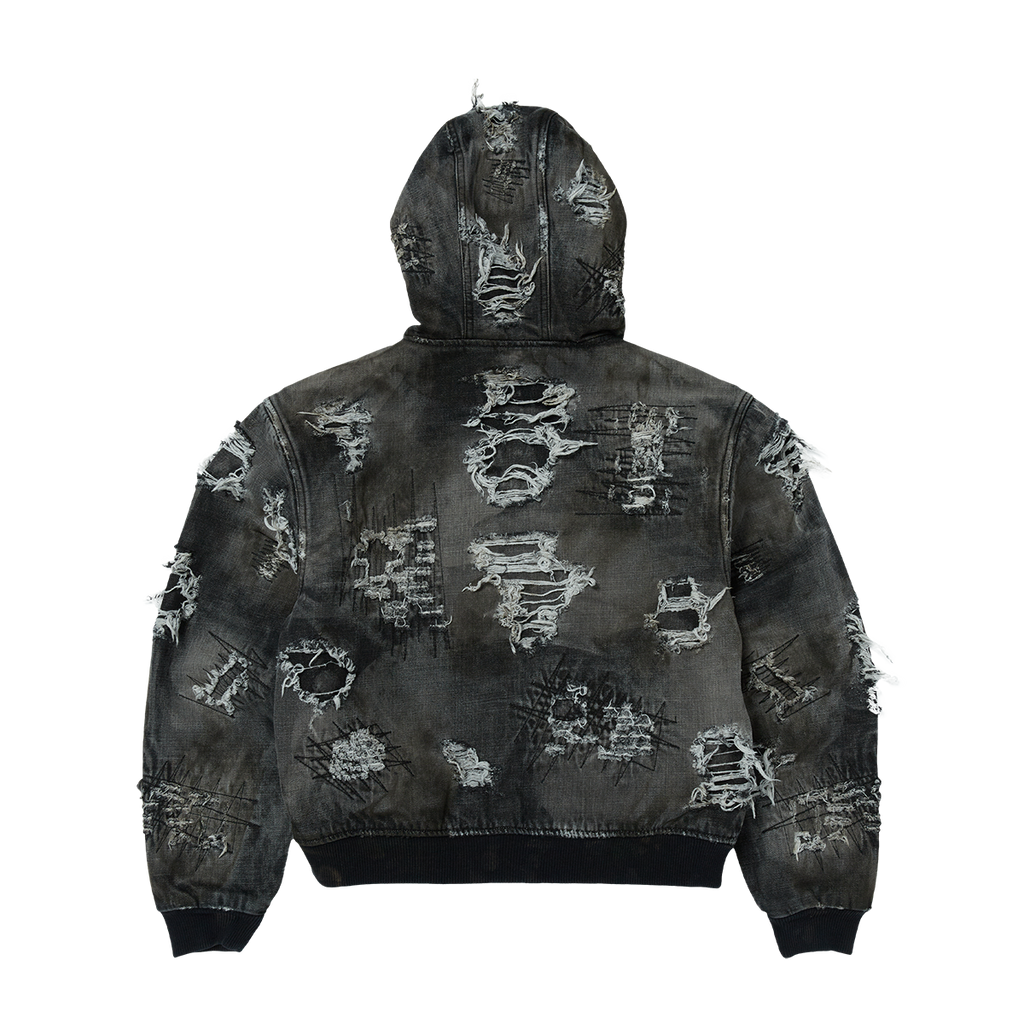 Thug Club - Hard-Washed Damaged Denim Hooded Zip-Up (Black) product image 2 | TRAB K-Fashion Australia