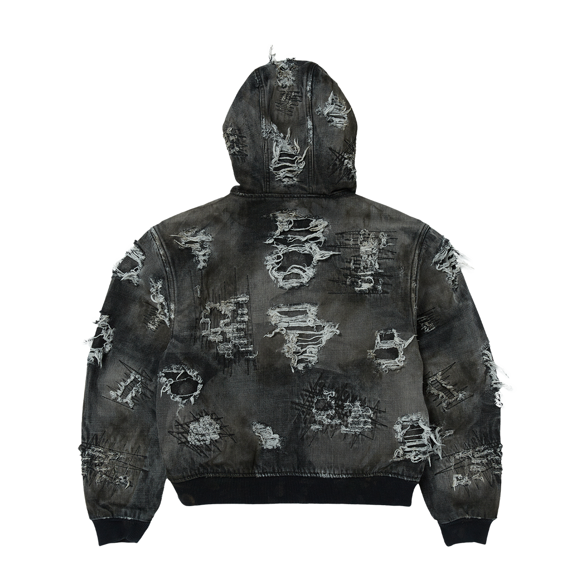 Thug Club - Hard-Washed Damaged Denim Hooded Zip-Up (Black) product image 2 | TRAB K-Fashion Australia