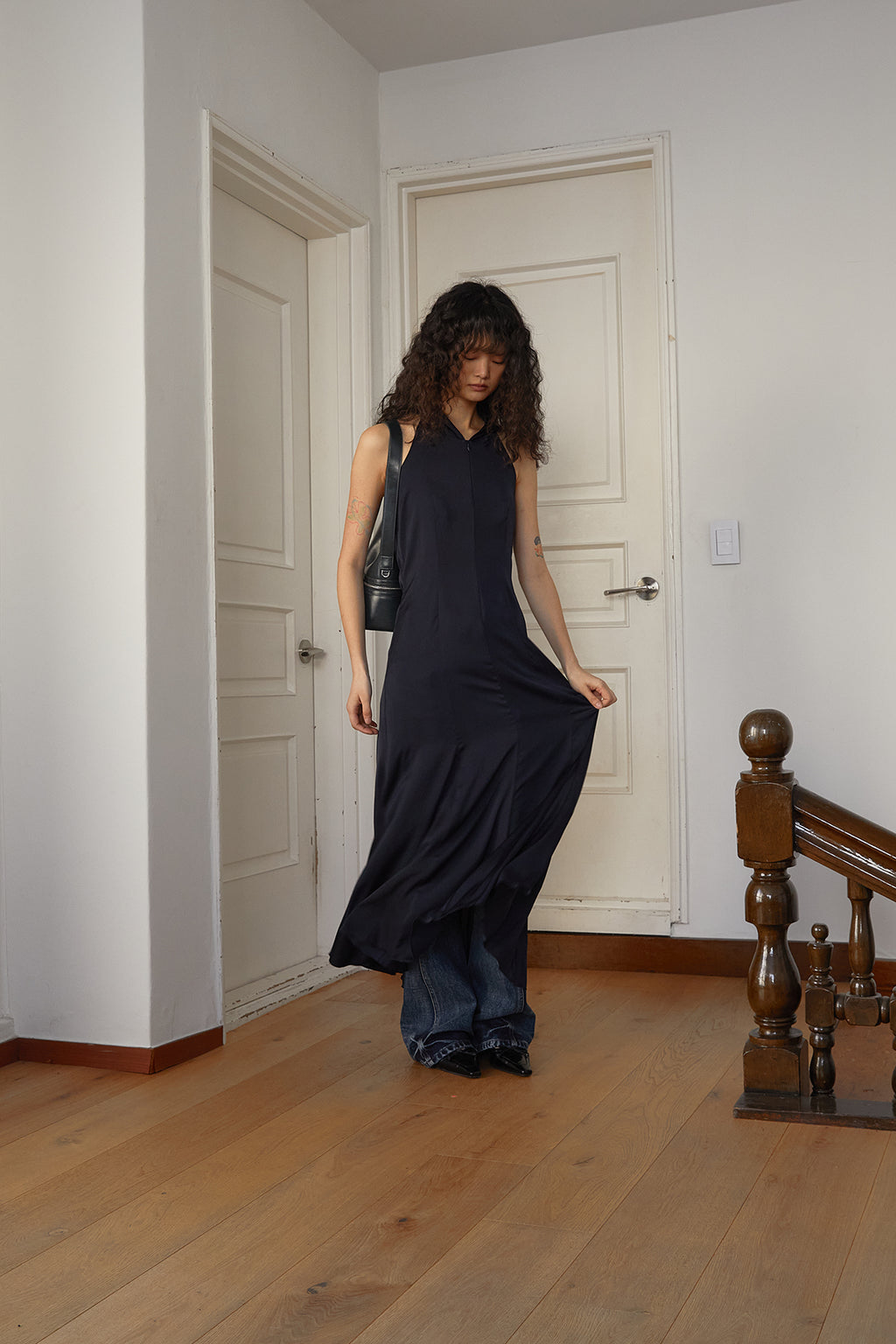 Matin Kim - Back String Hoody Maxi Dress (Dark Navy) product image 11 | TRAB K-Fashion Australia
