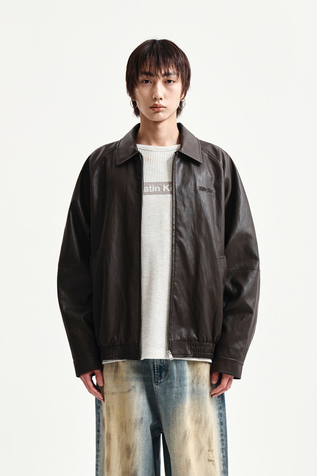 Matin Kim - Small Logo Faux Leather Zip Up Jumper (Brown) product image 11 | TRAB K-Fashion Australia