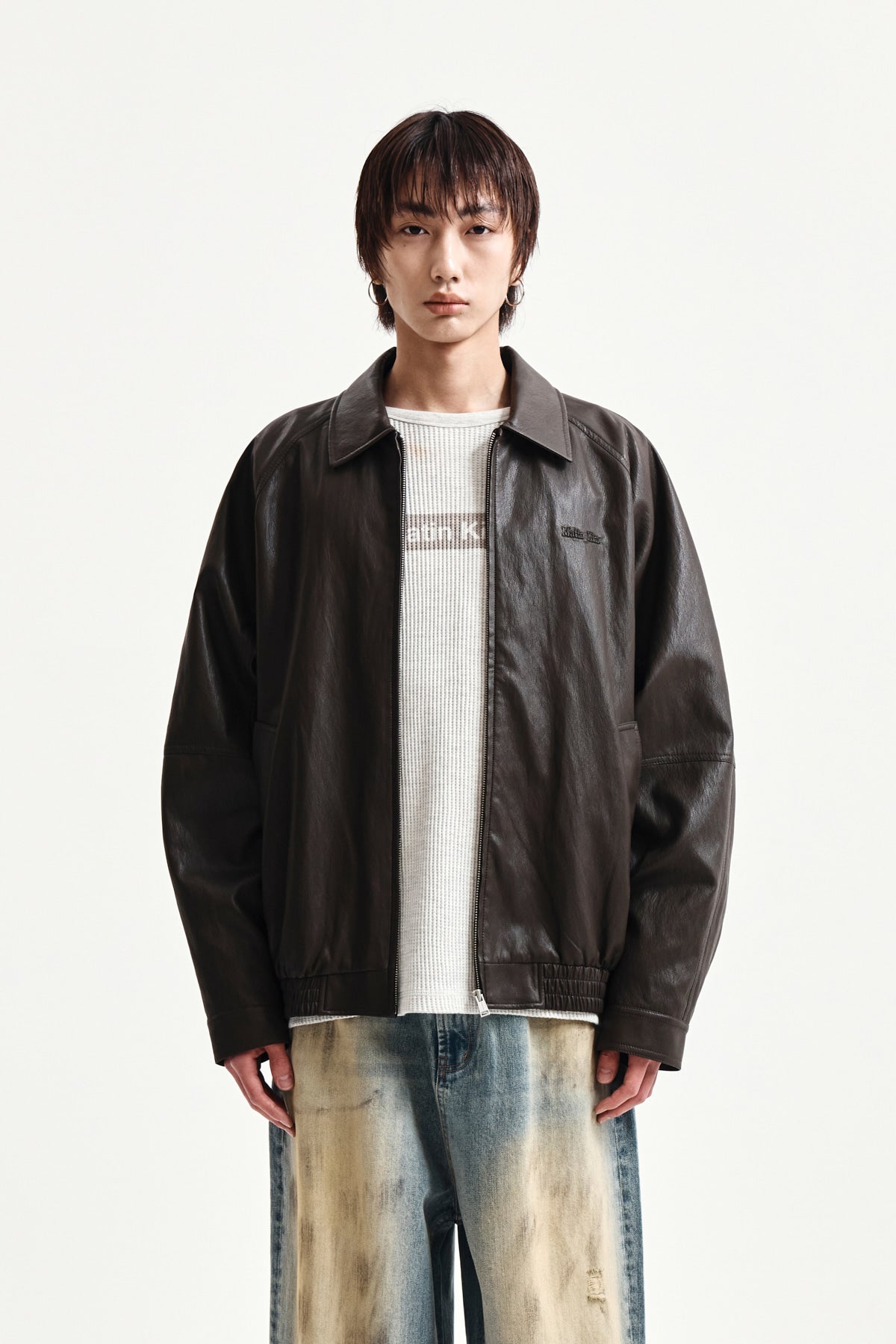 Matin Kim - Small Logo Faux Leather Zip Up Jumper (Brown) product image 11 | TRAB K-Fashion Australia