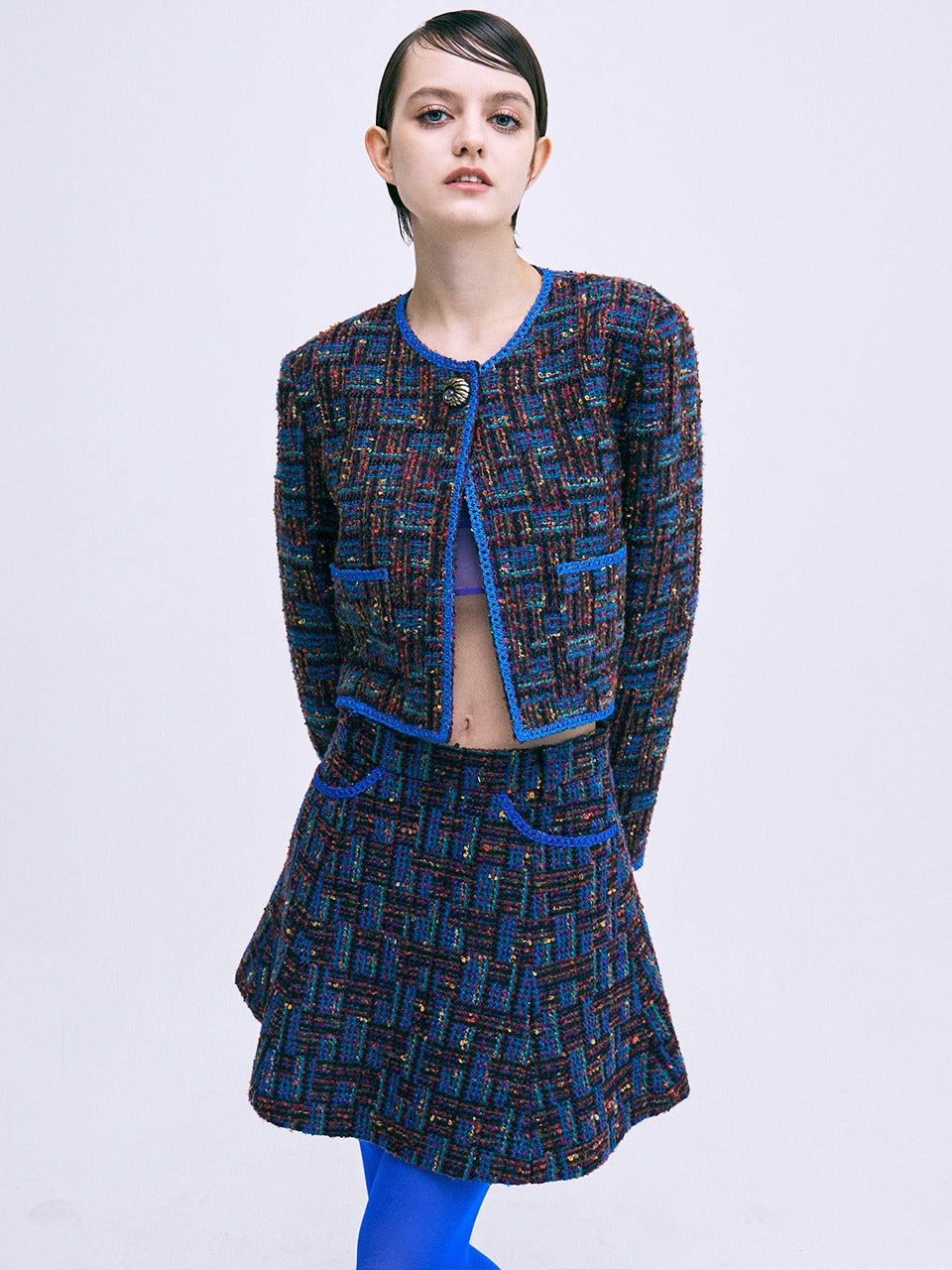Mardi Mercredi - Tweed Cropped Jacket Round Neck (Purple) product image 1 | TRAB K-Fashion Australia