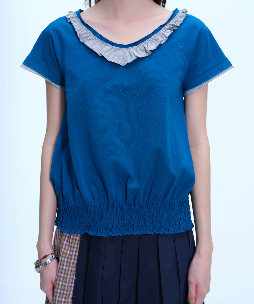 Coyseio - Ruffle V-Neck Smocked T-Shirt (Blue) product image 8 | TRAB K-Fashion Australia
