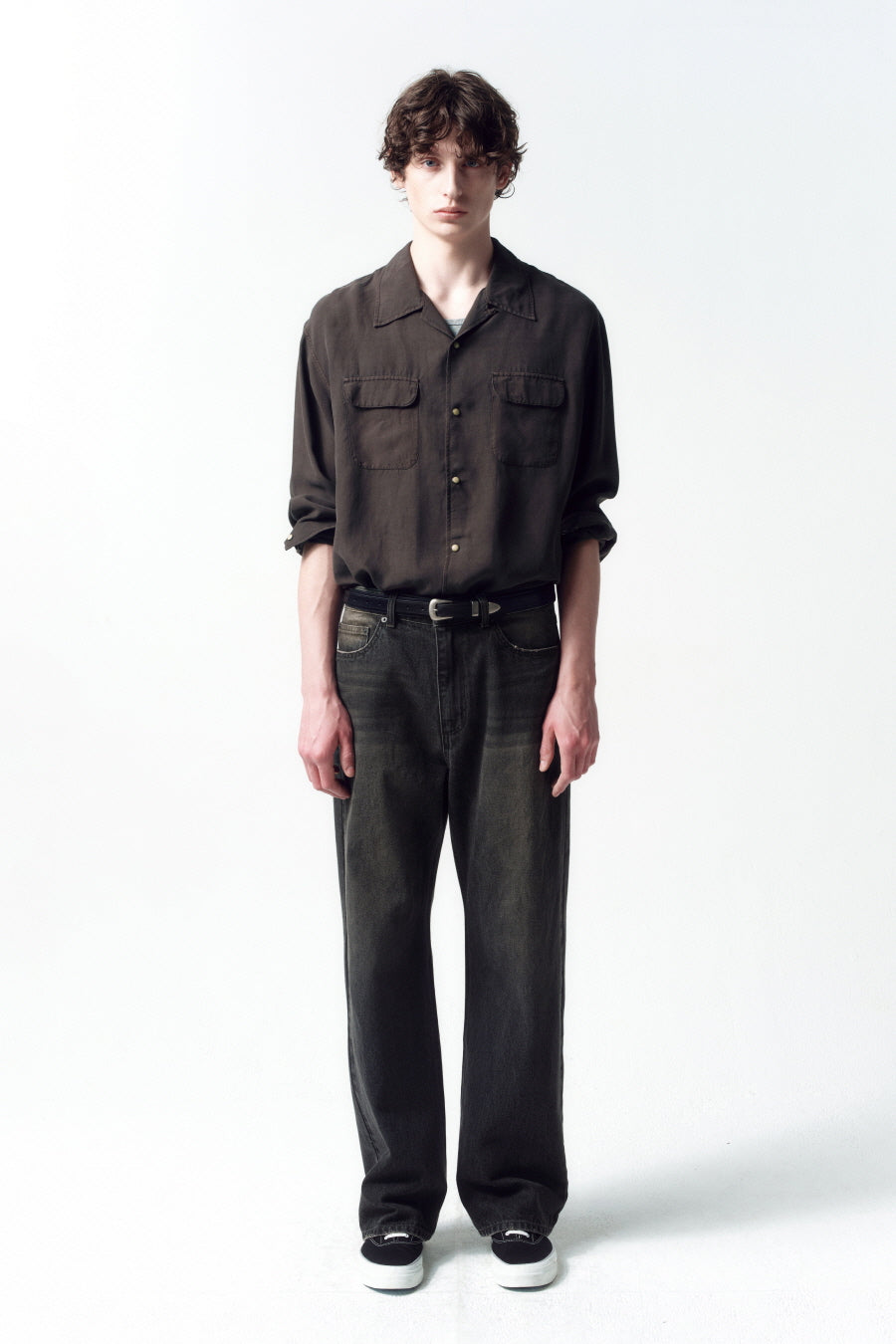 Insilence - Tencel gabardine open-collar shirt (Dark Brown) product image 1 | TRAB K-Fashion Australia