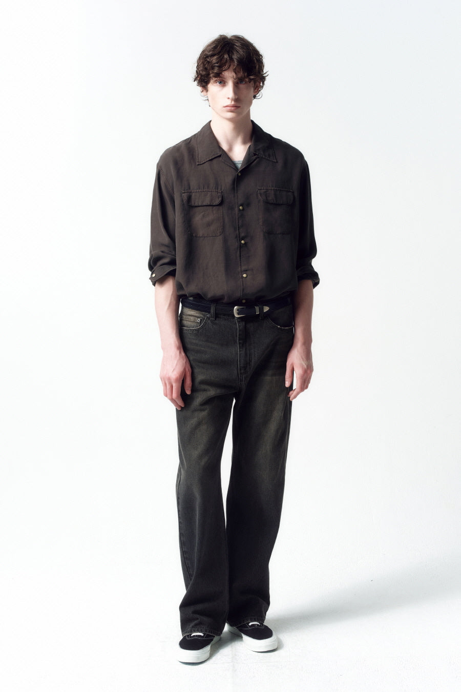 Insilence - Tencel gabardine open-collar shirt (Dark Brown) product image 6 | TRAB K-Fashion Australia