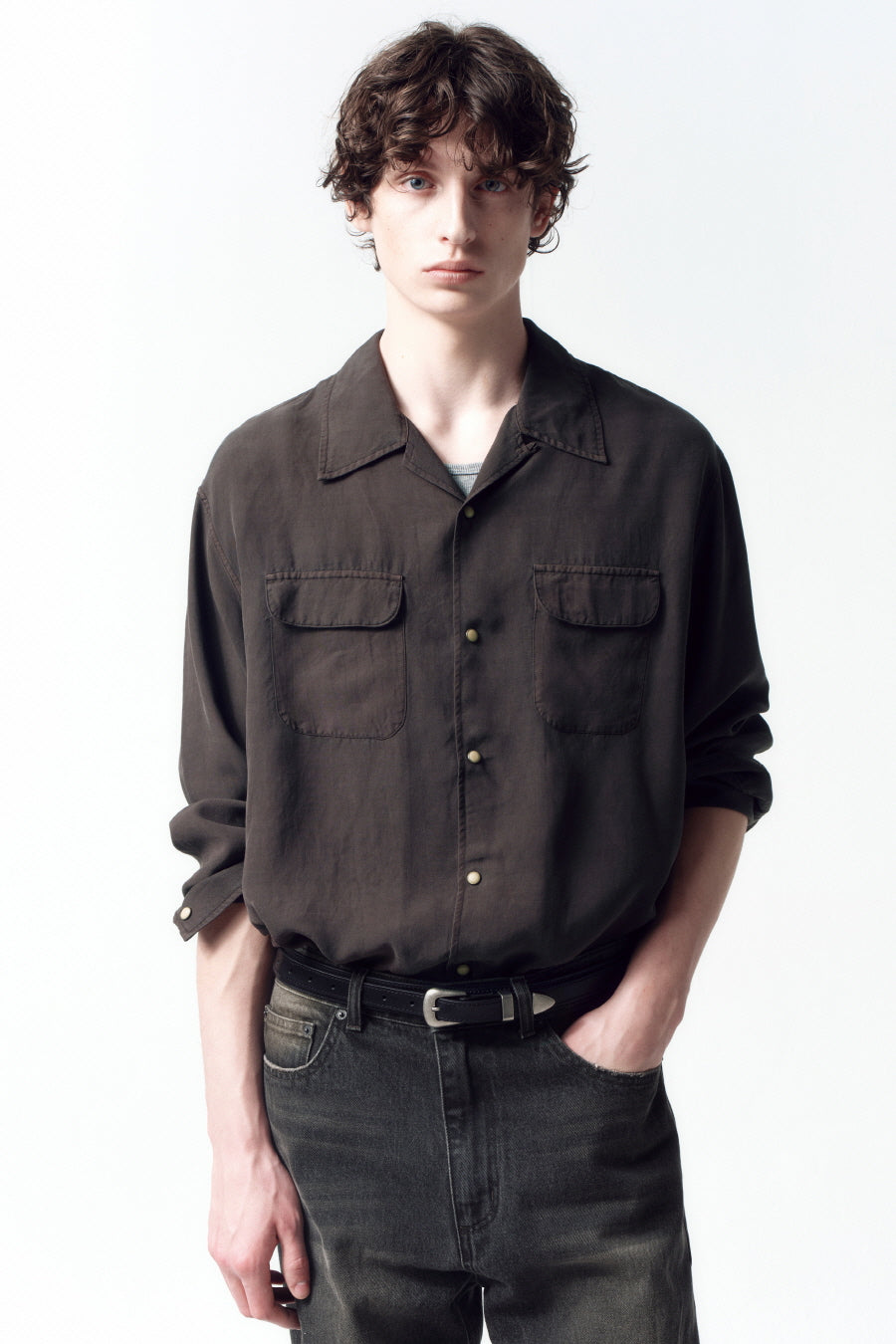 Insilence - Tencel gabardine open-collar shirt (Dark Brown) product image 2 | TRAB K-Fashion Australia