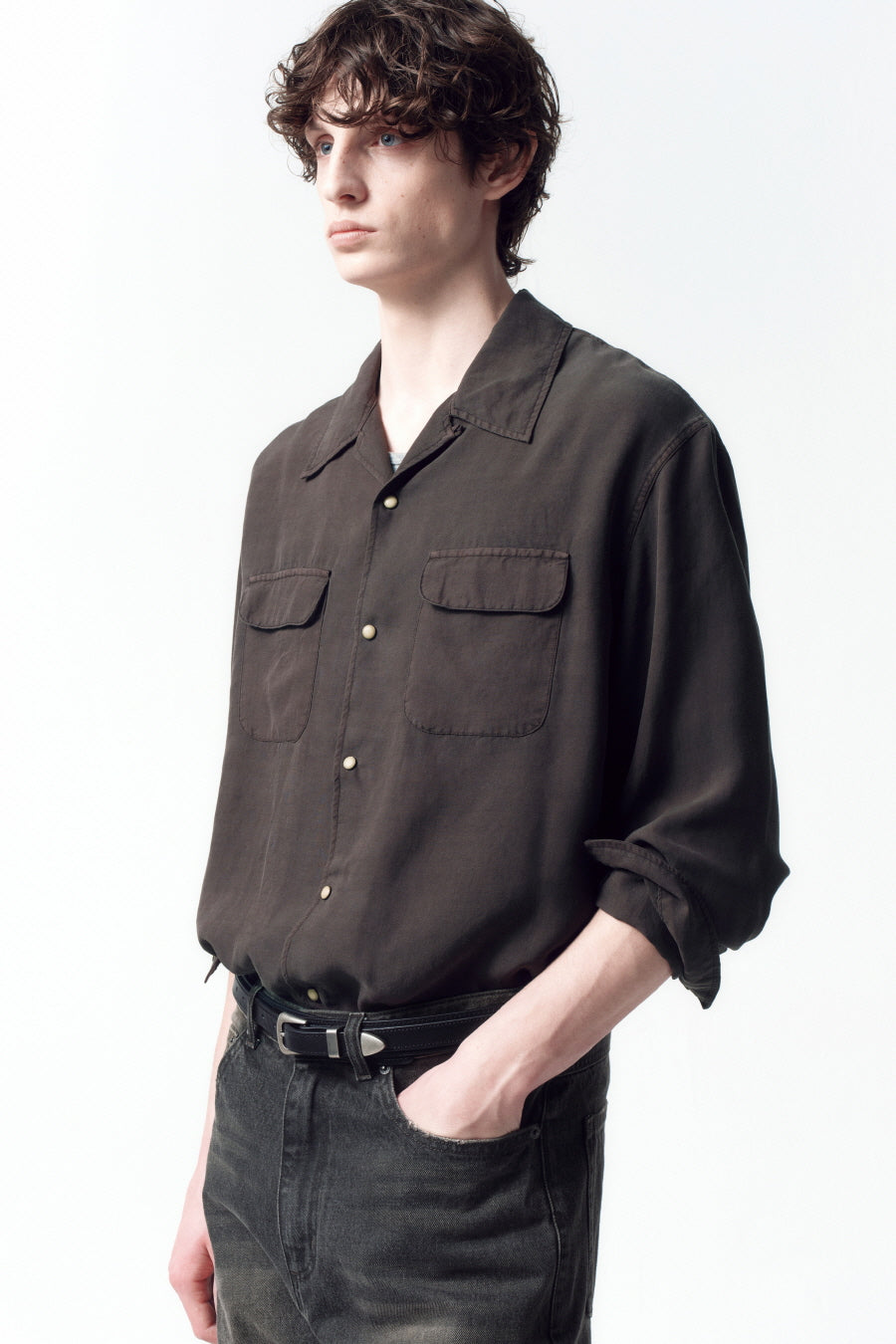 Insilence - Tencel gabardine open-collar shirt (Dark Brown) product image 3 | TRAB K-Fashion Australia