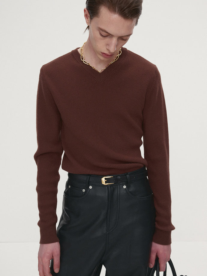 Tonywack - Super Fine Wool Ribbed V-Neck Sweater (Brown) product image 1 | TRAB K-Fashion Australia