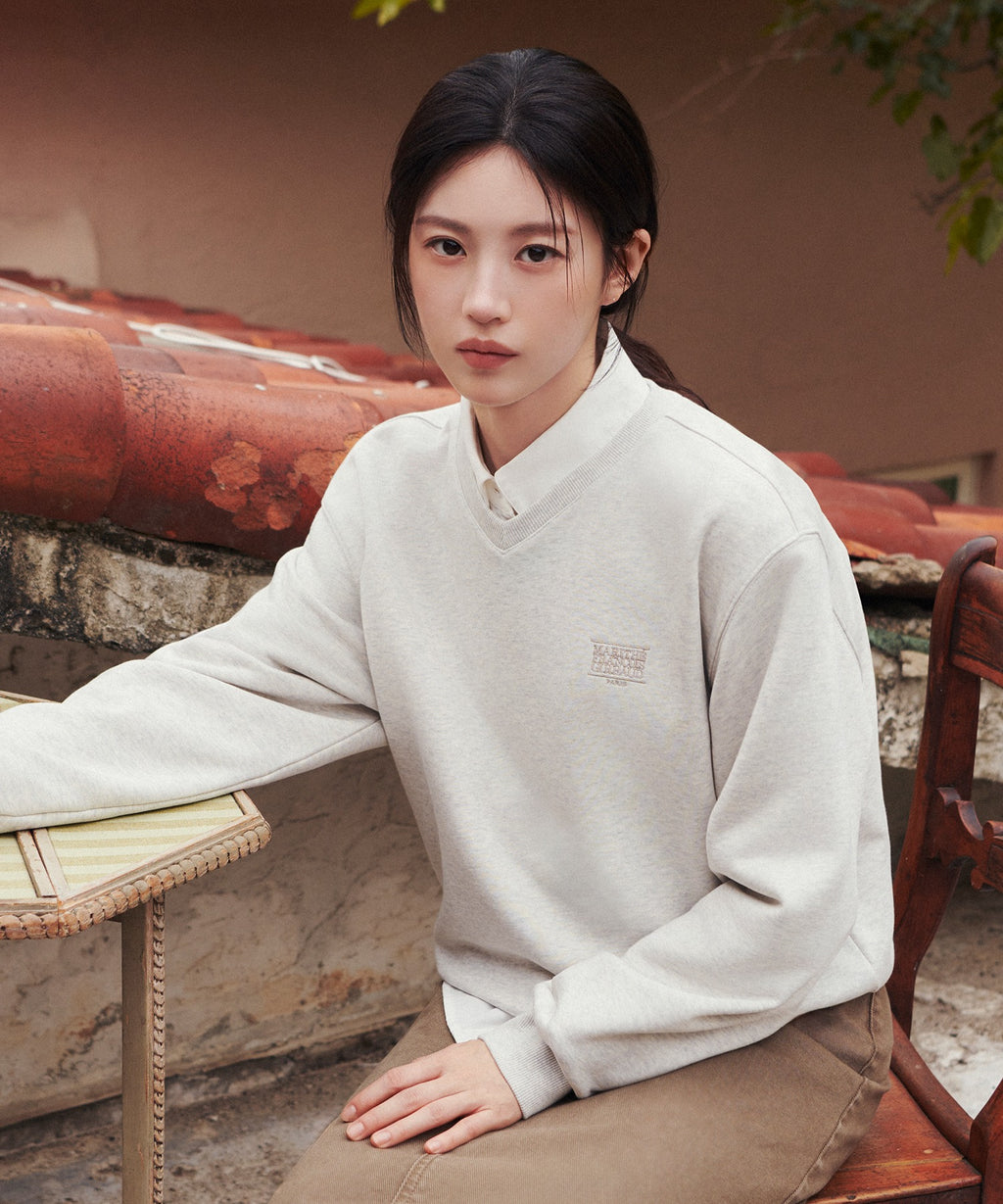 Marithe & Francois Girbaud - Small Classic Logo V Neck Balloon Sweatshirt (Oatmeal) product image 1 | TRAB K-Fashion Australia