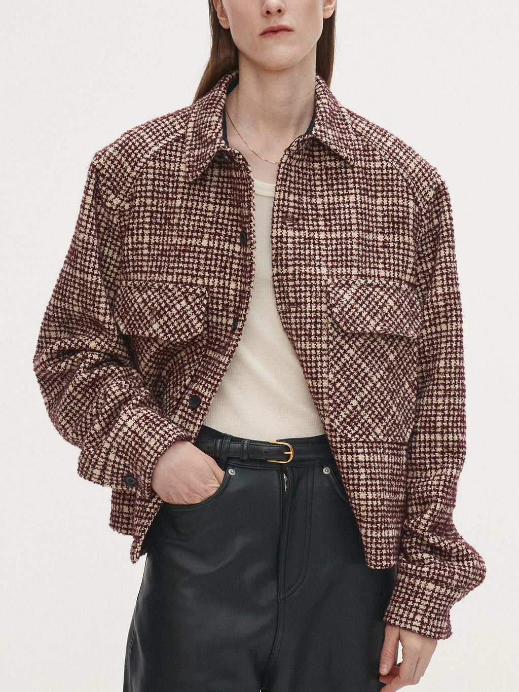 Tonywack - Checked Wool Tweed Shirt Jacket Italian Fabric (Burgundy/Ecru) product image 4 | TRAB K-Fashion Australia