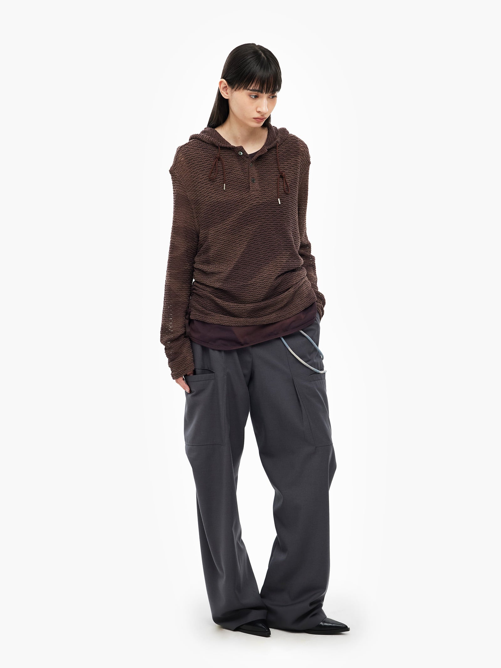 Jiyong Kim - Sun-Bleached Layered Net Hoodie (Burgundy) product image 4 | TRAB K-Fashion Australia