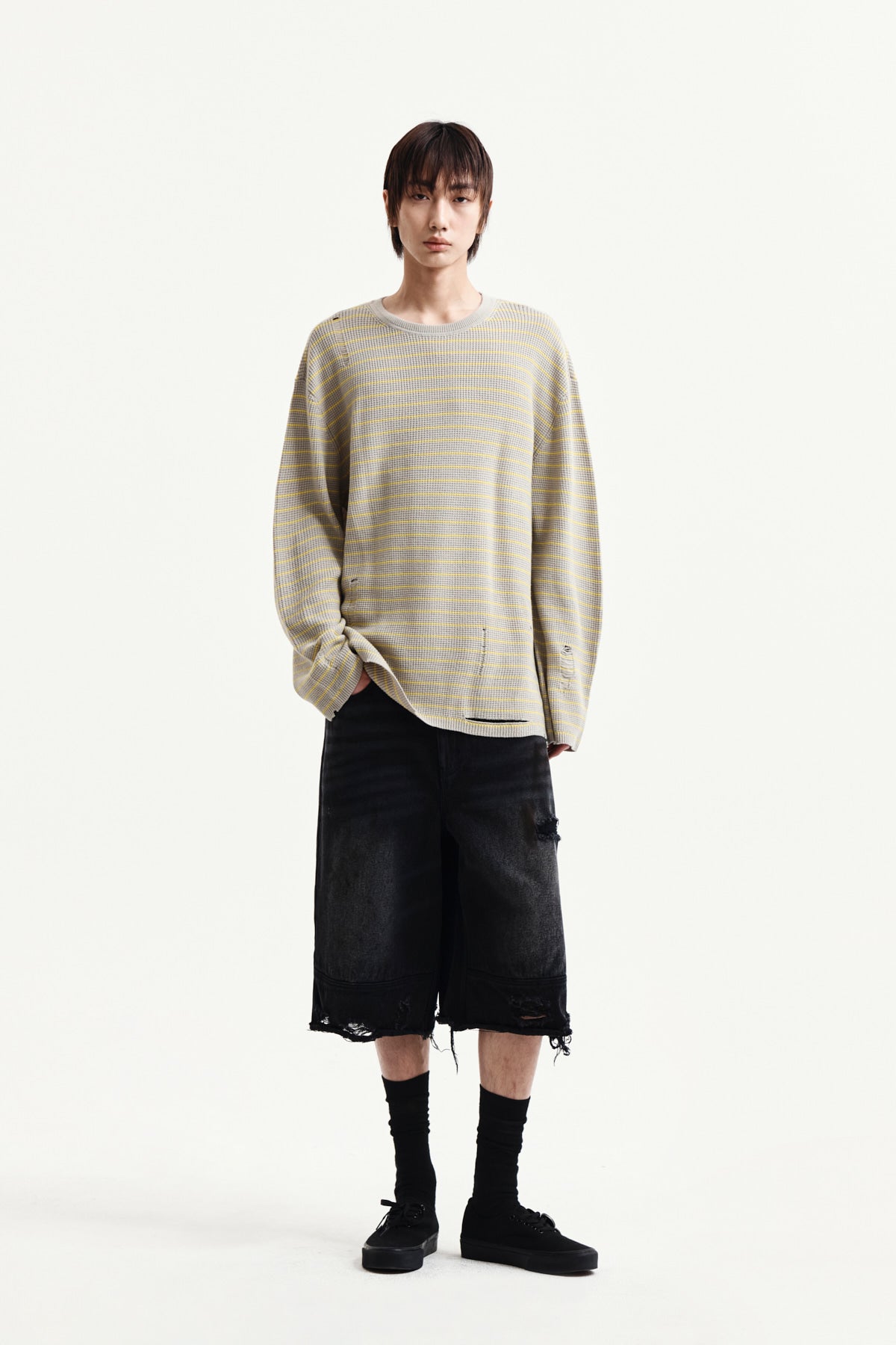 Matin Kim - Stripe Damaged Loose Pullover (Beige) product image 13 | TRAB K-Fashion Australia