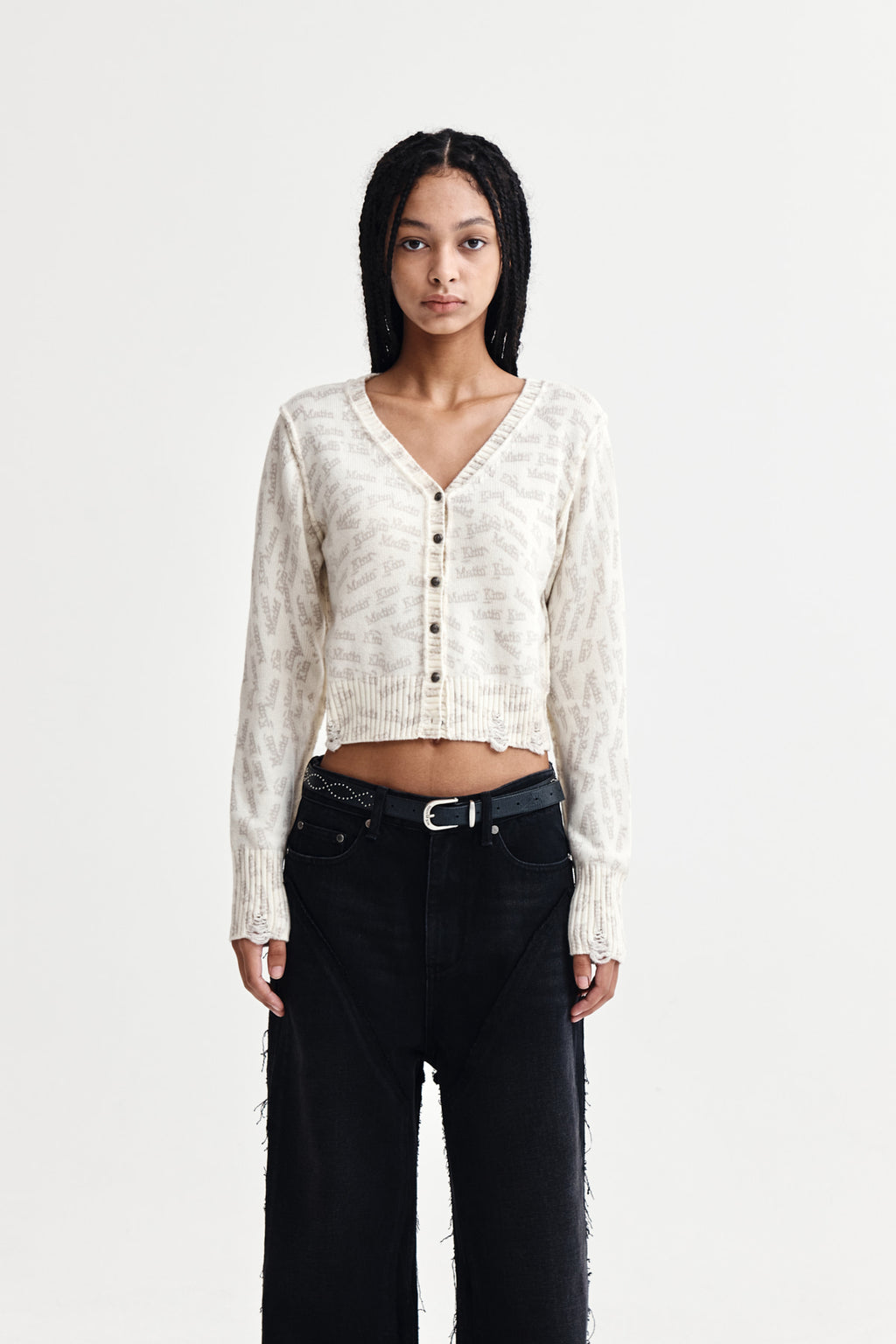 Matin Kim - All Over Logo Crop Cardigan (Ivory) product image 1 | TRAB K-Fashion Australia