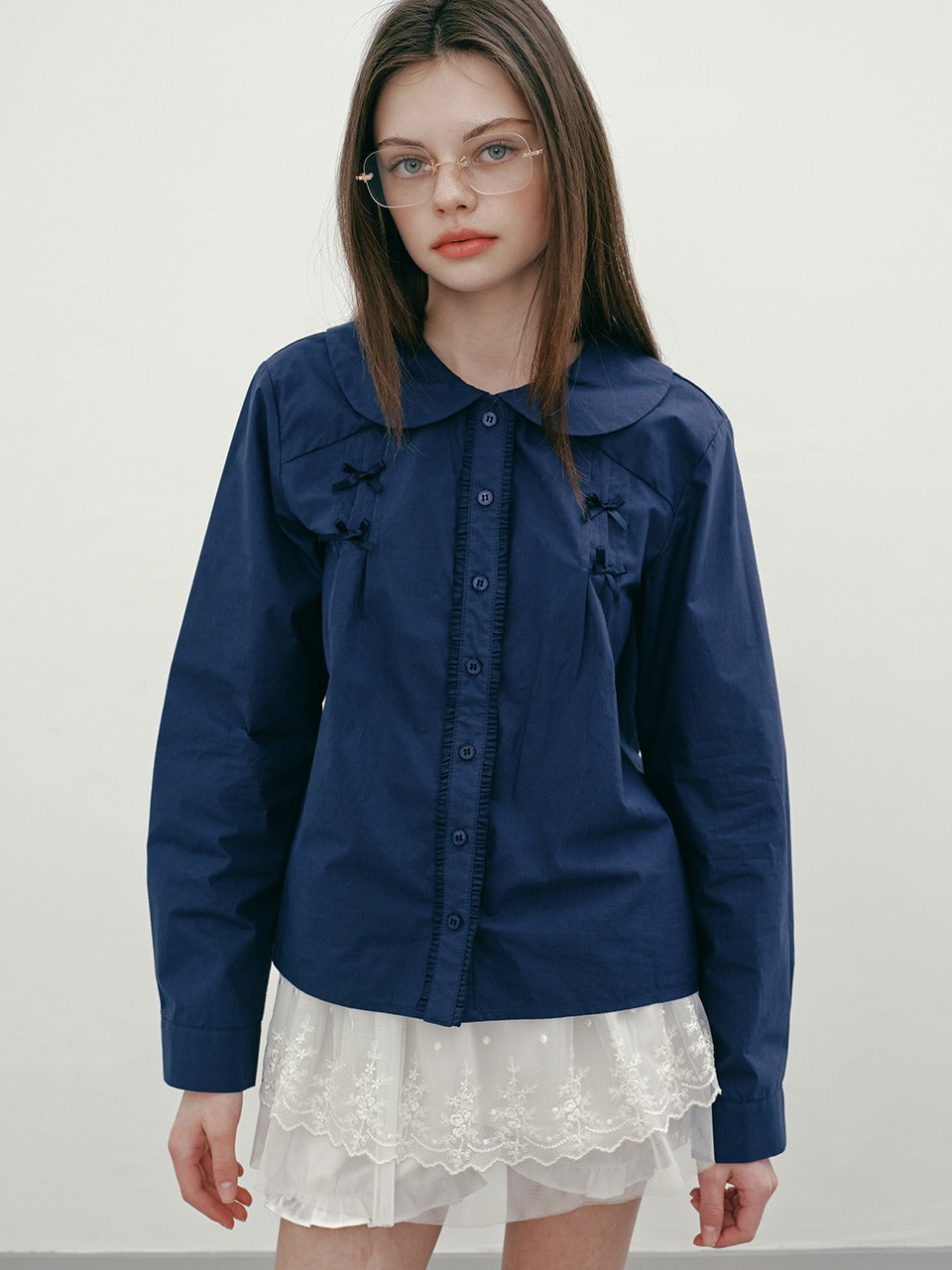 Margarin Fingers - Ribbon Pintuck Blouse (Navy) product image 1 | TRAB K-Fashion Australia