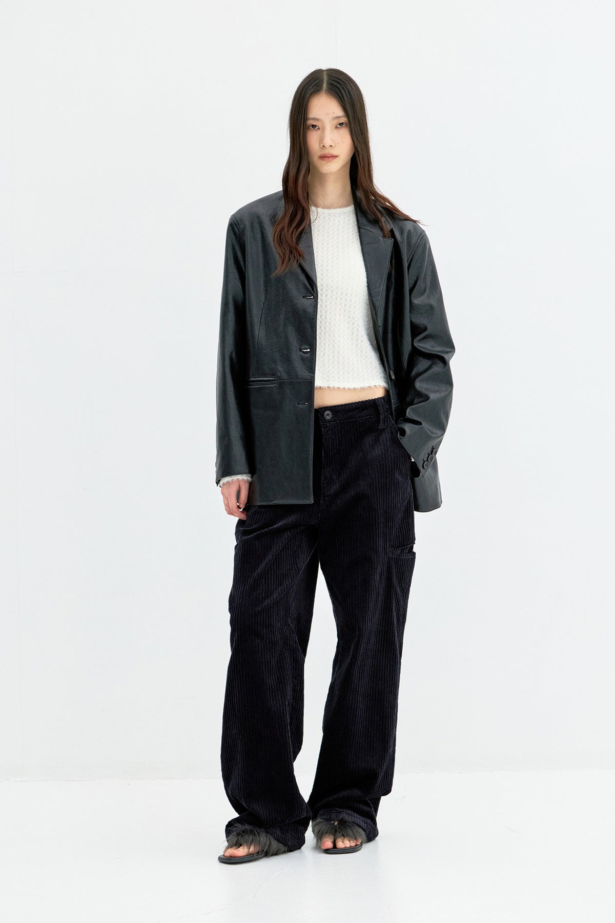 Coor - Fake Leather Double Welt Pocket Blazer (Black) product image 2 | TRAB K-Fashion Australia