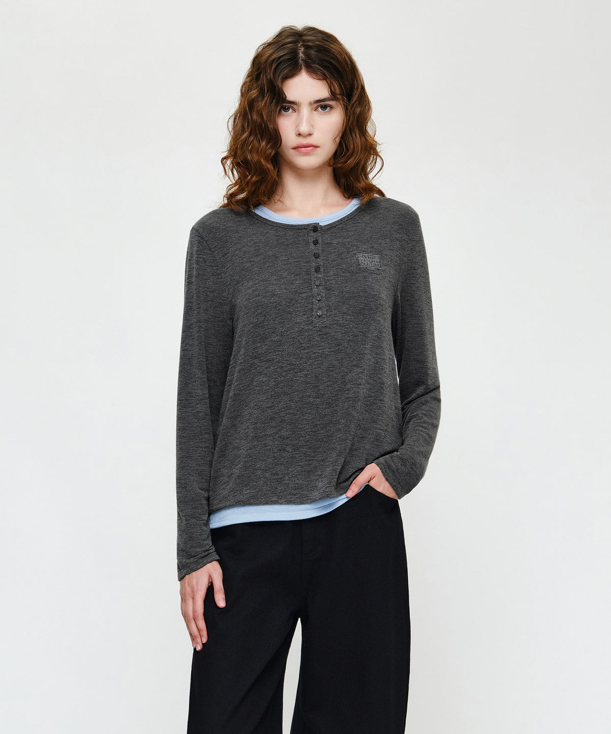 Marithe & Francois Girbaud - Henley Neck Layered Long Sleeve Tee (Charcoal) product image 1 | TRAB K-Fashion Australia