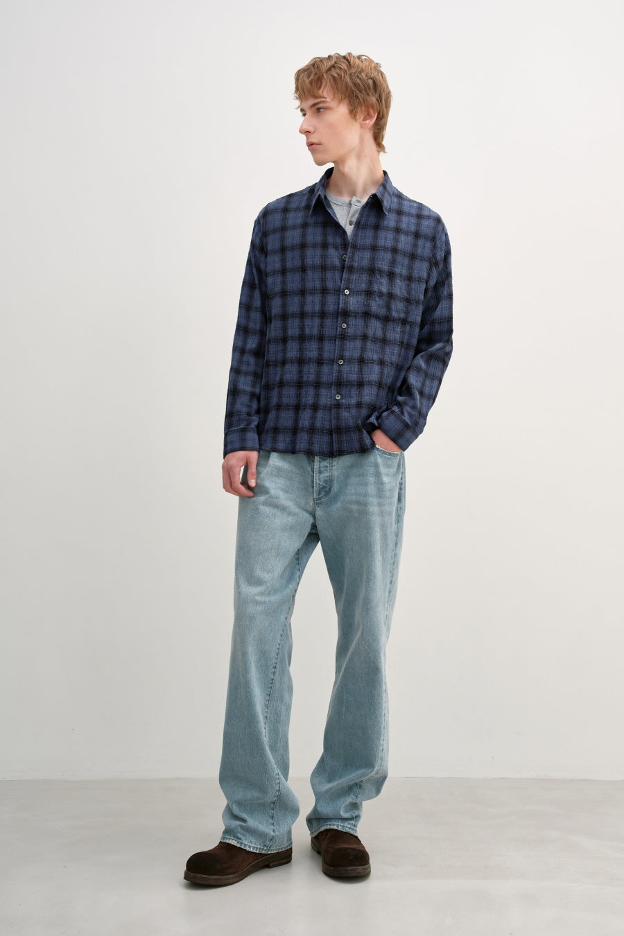 Insilence - Garment Dyed Check Shirt (Blue) product image 4 | TRAB K-Fashion Australia