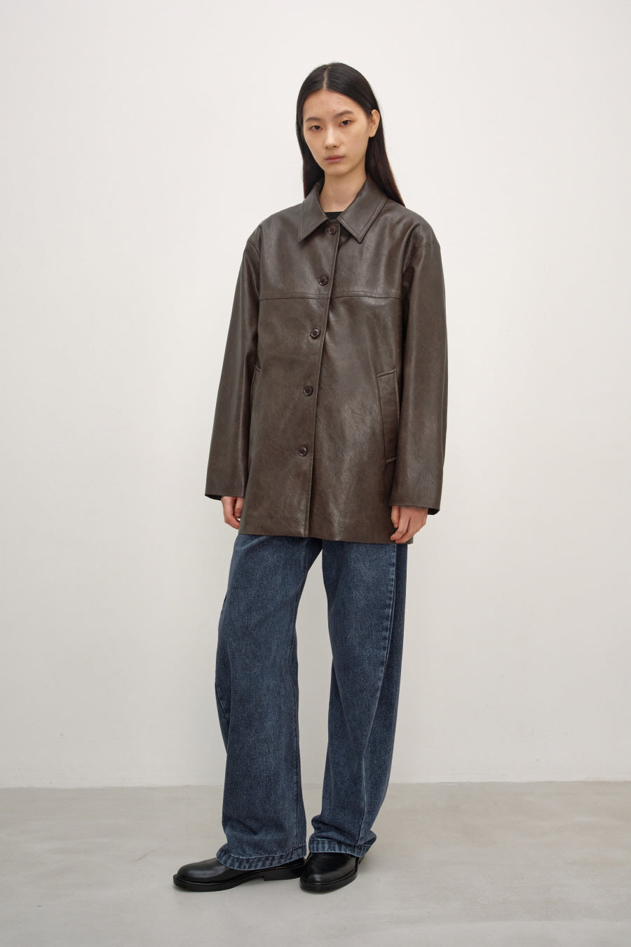Insilence - Faux Leather Car Coat (Brown) product image 3 | TRAB K-Fashion Australia