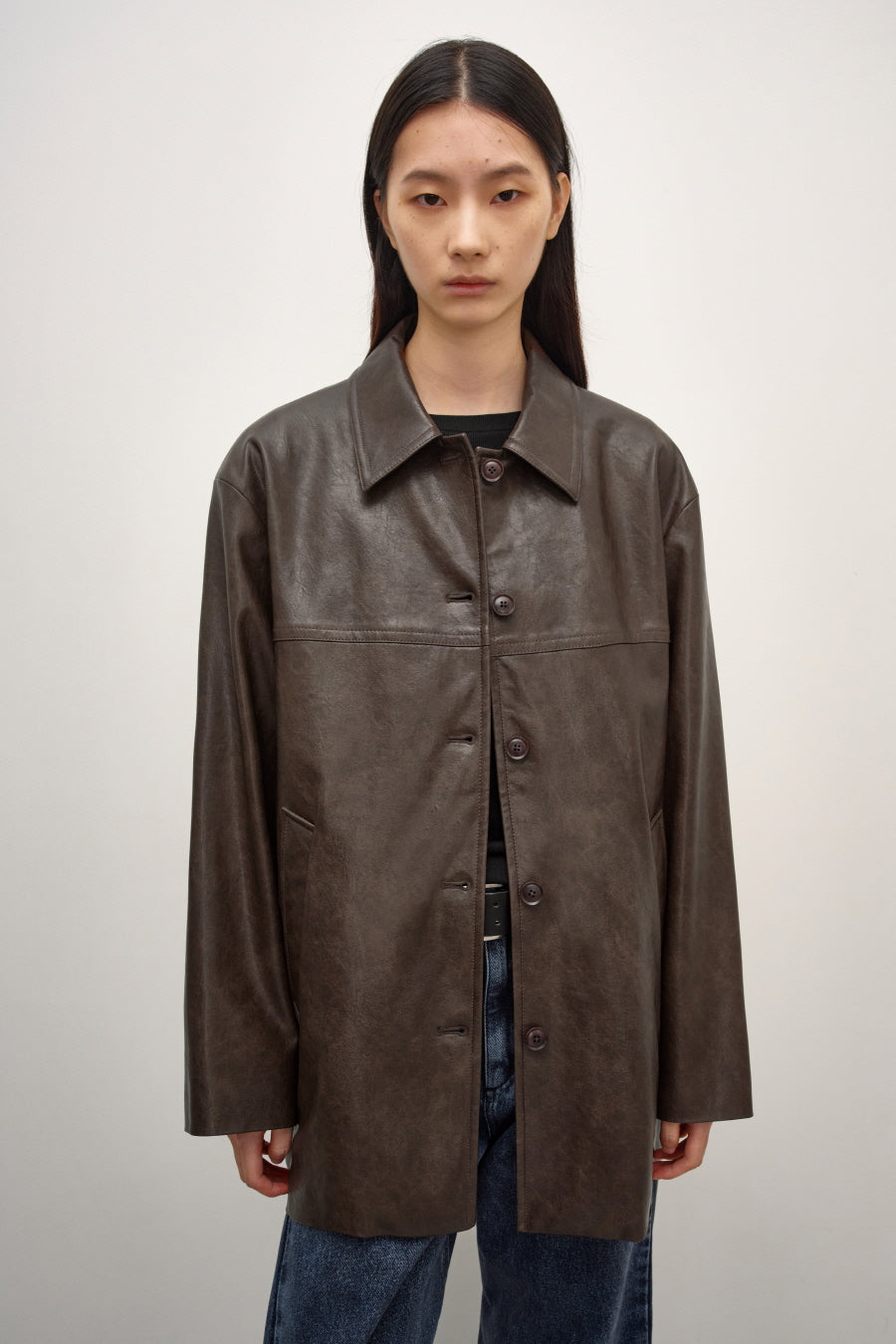 Insilence - Faux Leather Car Coat (Brown) product image 1 | TRAB K-Fashion Australia
