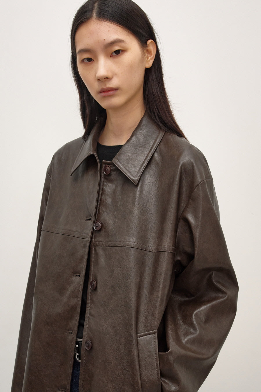 Insilence - Faux Leather Car Coat (Brown) product image 2 | TRAB K-Fashion Australia