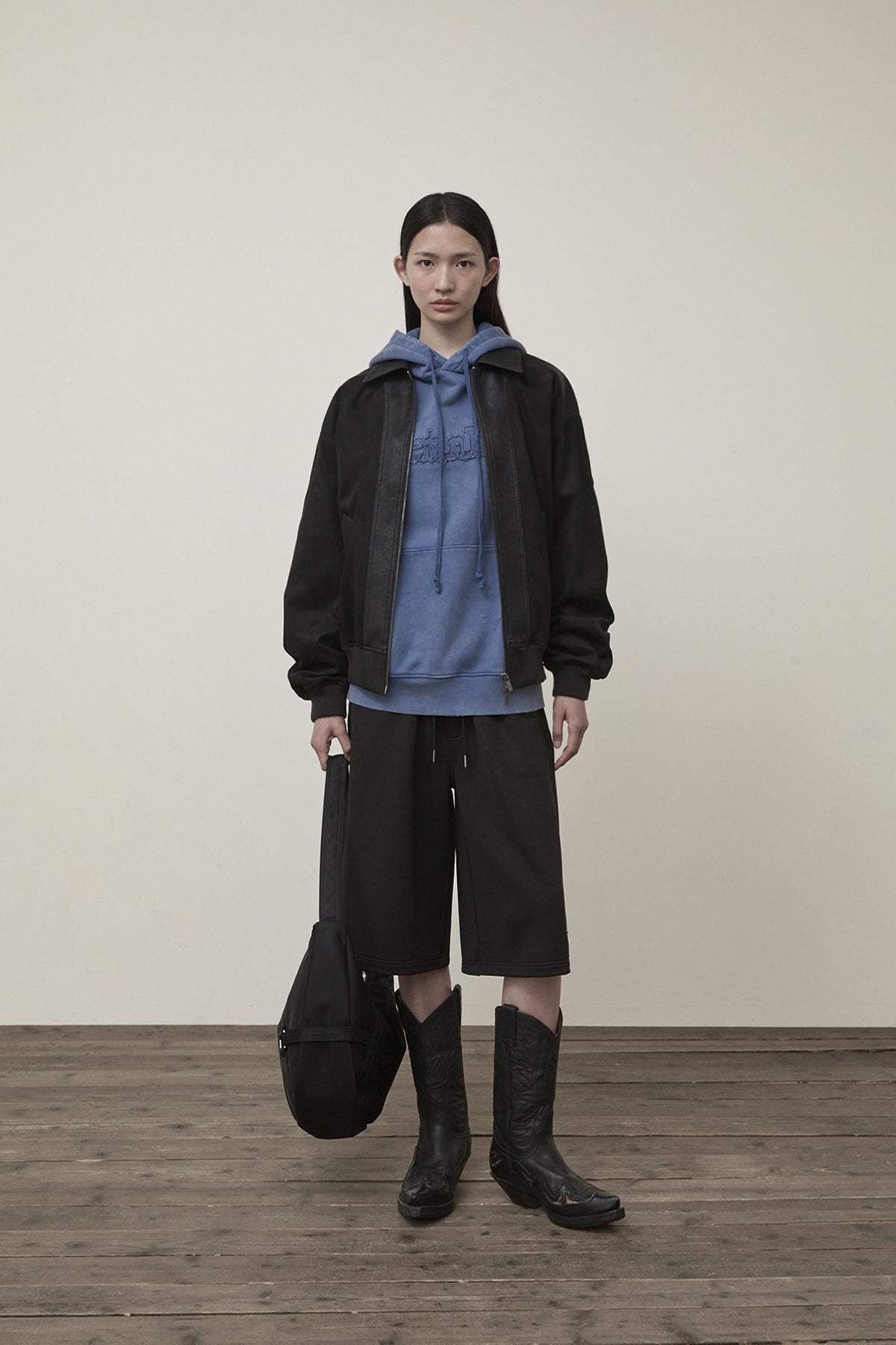Matin Kim - Suede Mix Leather Zip Up Jumper (Black) product image 8 | TRAB K-Fashion Australia