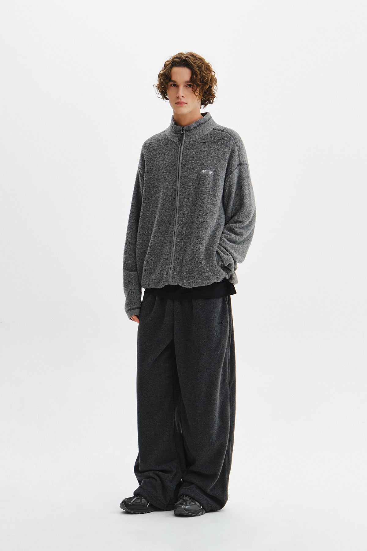 Matin Kim - Boucle Texture Knit Zip Up (Grey) product image 9 | TRAB K-Fashion Australia