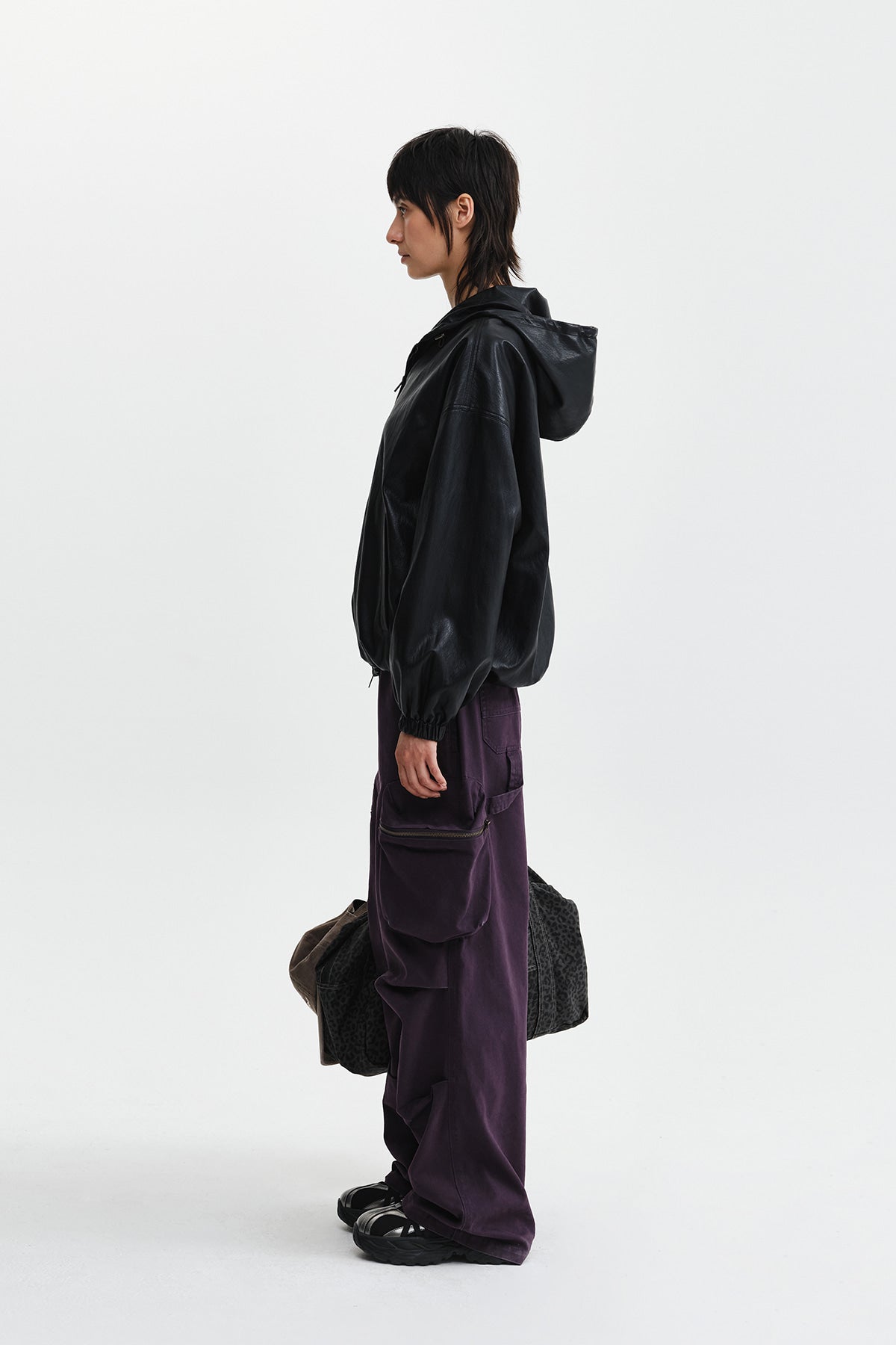Matin Kim - Faux Leather Applique Logo Hoody Jumper (Black) product image 8 | TRAB K-Fashion Australia