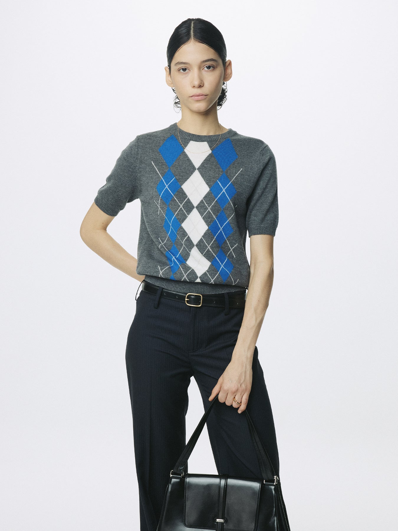 Tonywack - Superfine Wool Argyle Crew Neck Sweater (Grey Cobalt) product image 6 | TRAB K-Fashion Australia