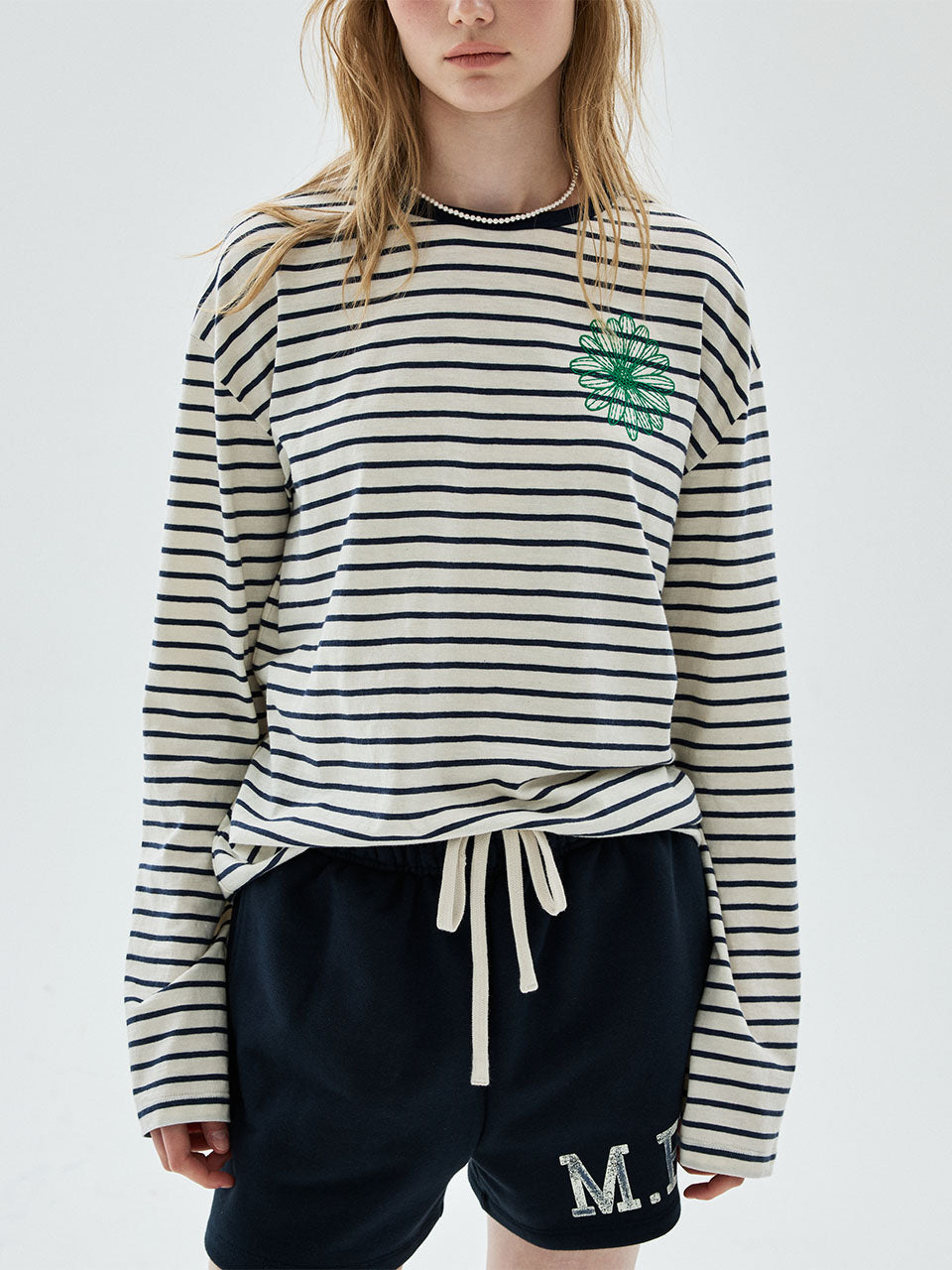 Mardi Mercredi - Slub Cotton Tshirt Long Sleeve Stripe Flower (Navy Green) product image 1 | TRAB K-Fashion Australia
