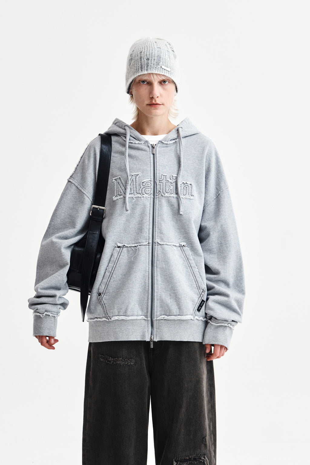Matin Kim - Raw Cut Applique Hoody Zip Up (Grey) product image 1 | TRAB K-Fashion Australia