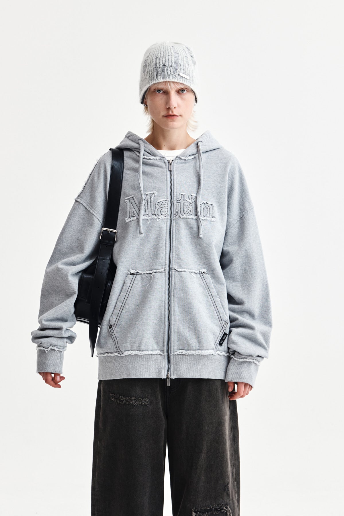 Matin Kim - Raw Cut Applique Hoody Zip Up (Grey) product image 1 | TRAB K-Fashion Australia