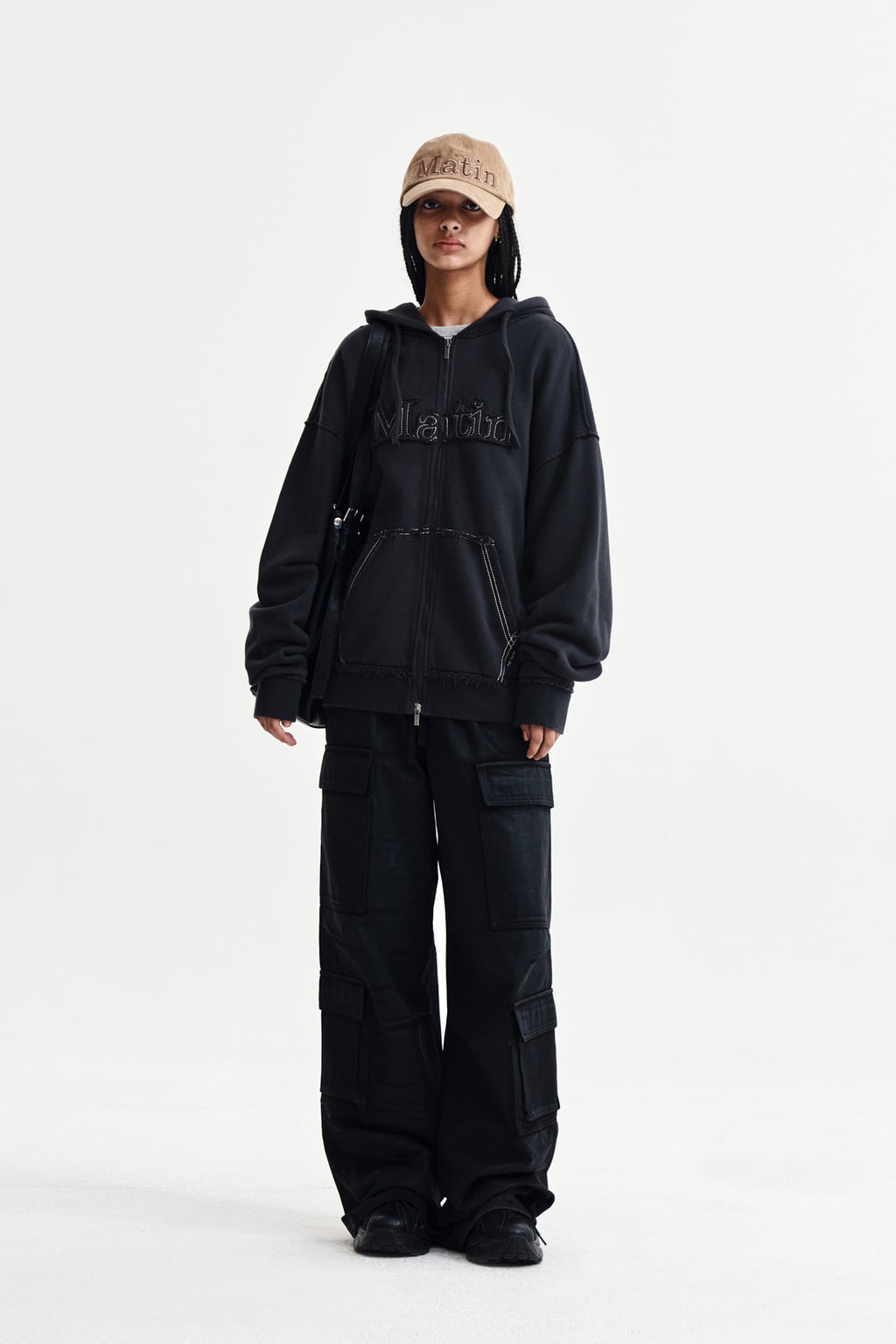 Matin Kim - Raw Cut Applique Hoody Zip Up (Charcoal) product image 8 | TRAB K-Fashion Australia