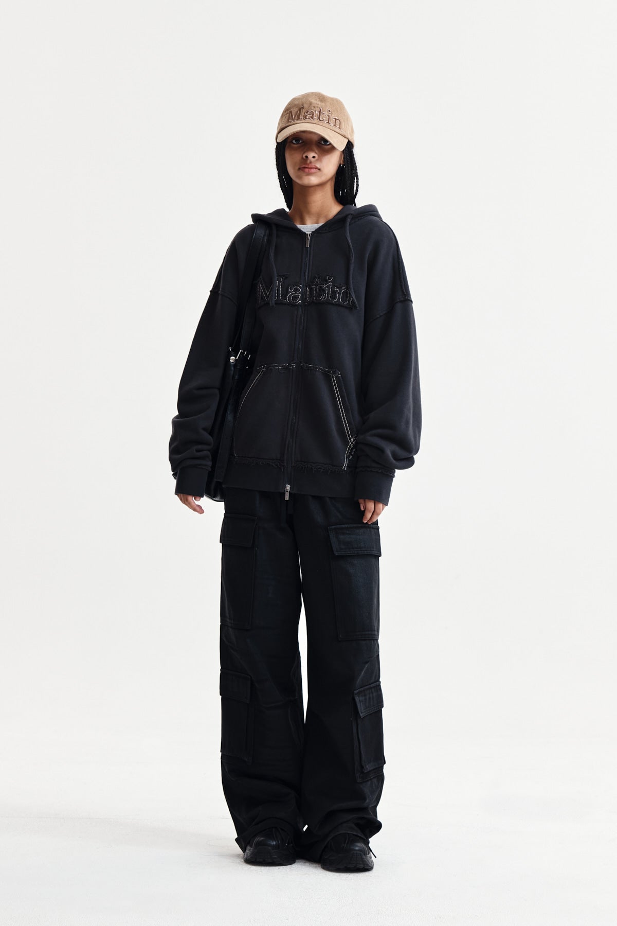 Matin Kim - Raw Cut Applique Hoody Zip Up (Charcoal) product image 8 | TRAB K-Fashion Australia