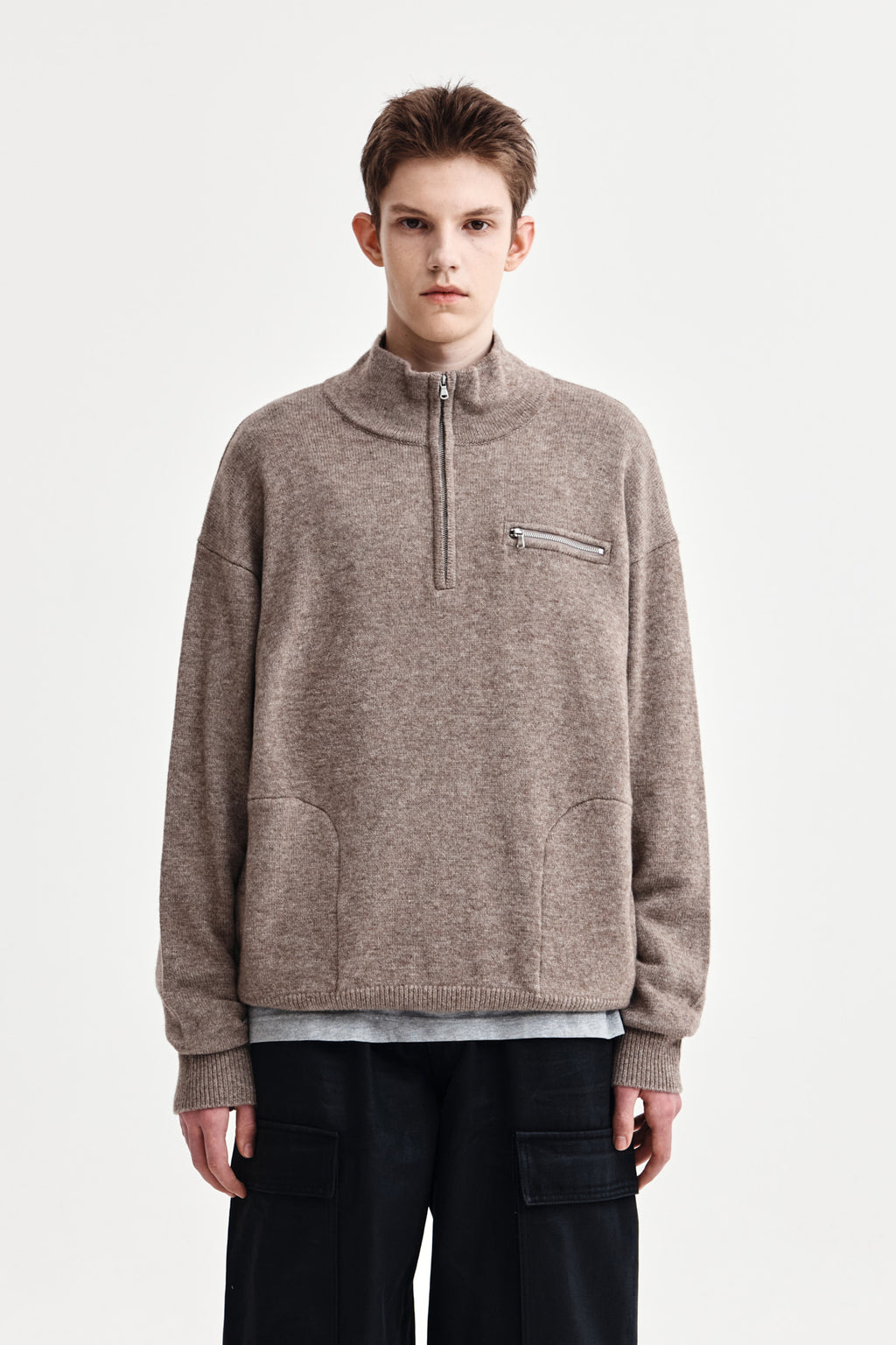 Matin Kim - Back Logo Half Knit Zip Up Pullover (Dark Beige) product image 1 | TRAB K-Fashion Australia