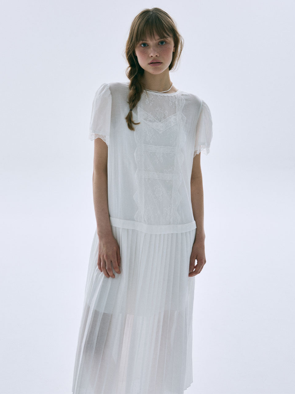 Mardi Mercredi - Sheer Cotton Pleated Maxi Dress Lace (White) product image 1 | TRAB K-Fashion Australia