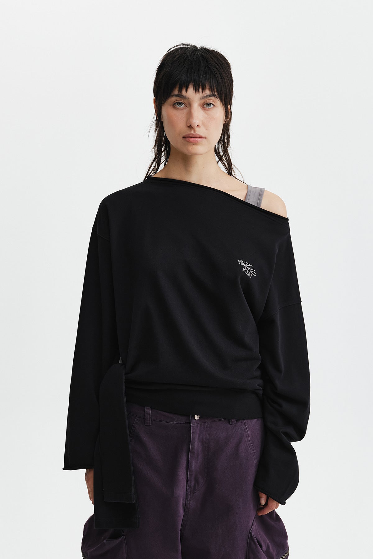 Matin Kim - Back Logo Raw Cut Boat Neck Top (Black) product image 6 | TRAB K-Fashion Australia