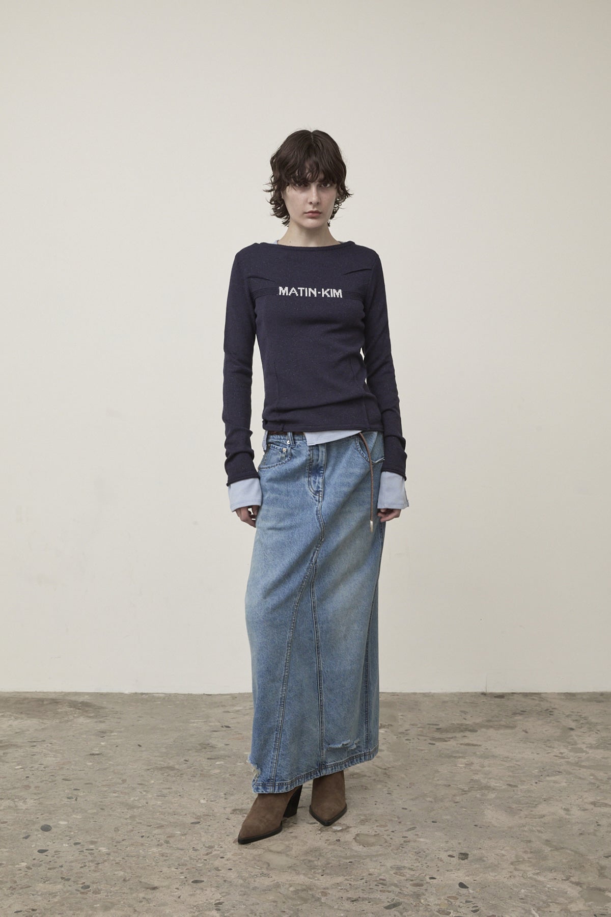 Matin Kim - Glitter Slim Logo Knit Top (Navy) product image 6 | TRAB K-Fashion Australia