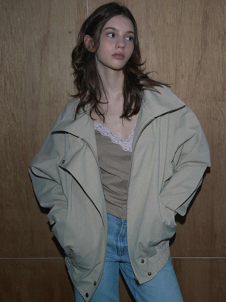 Margarin Fingers - High-Neck Cotton Bomber Jacket (Cream) product image 1 | TRAB K-Fashion Australia