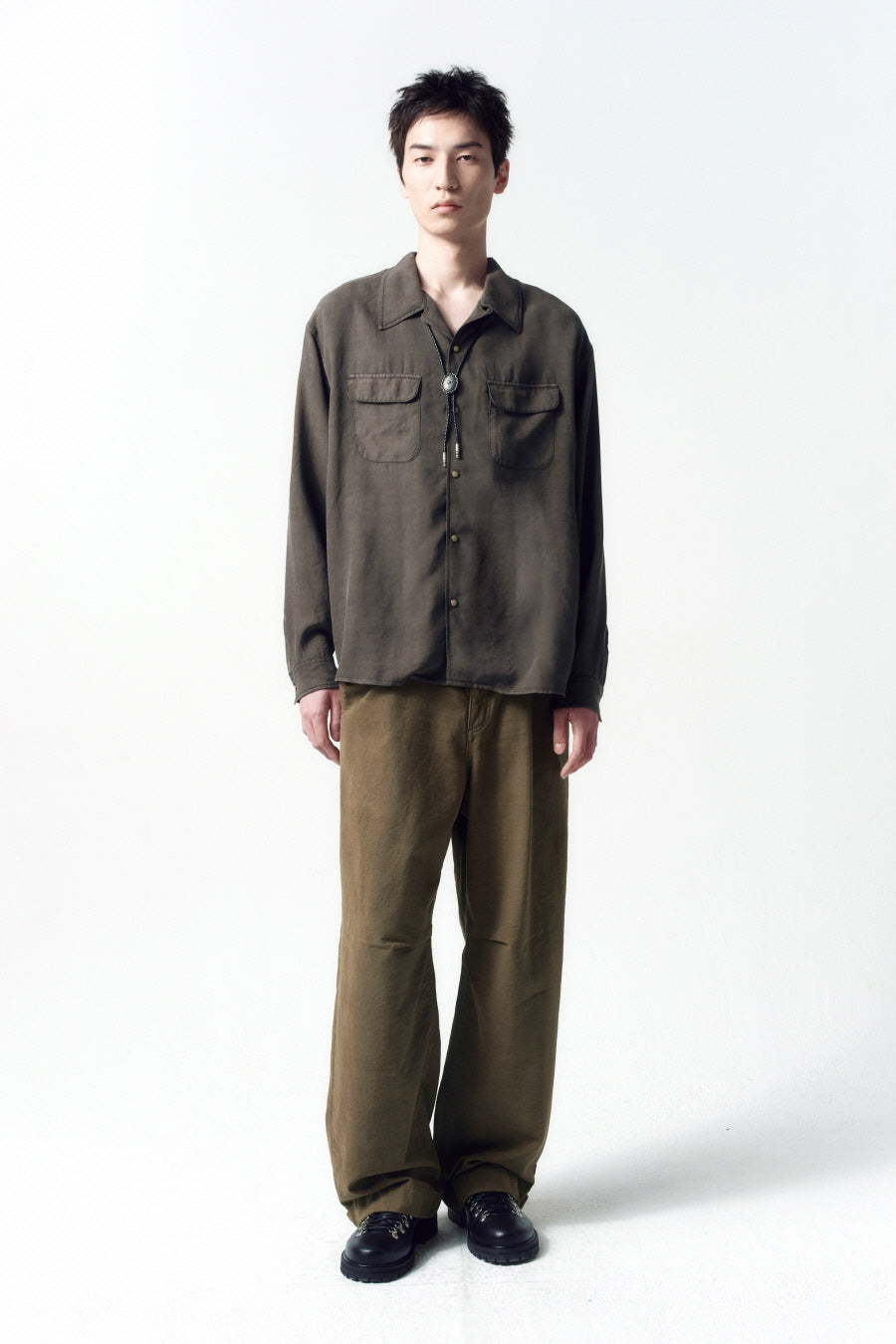 Insilence - Tencel Gabardine Open Collar Shirts (Olive Grey) product image 1 | TRAB K-Fashion Australia