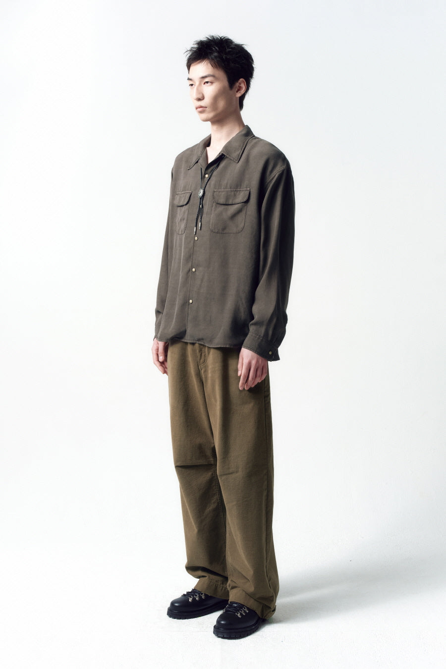 Insilence - Tencel Gabardine Open Collar Shirts (Olive Grey) product image 3 | TRAB K-Fashion Australia