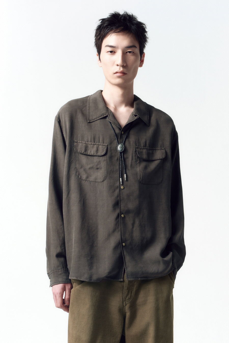 Insilence - Tencel Gabardine Open Collar Shirts (Olive Grey) product image 2 | TRAB K-Fashion Australia