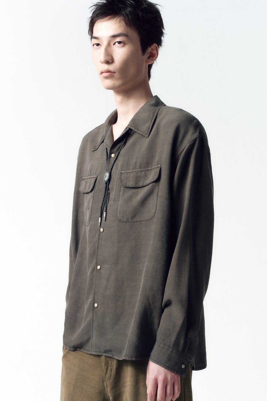 Insilence - Tencel Gabardine Open Collar Shirts (Olive Grey) product image 4 | TRAB K-Fashion Australia