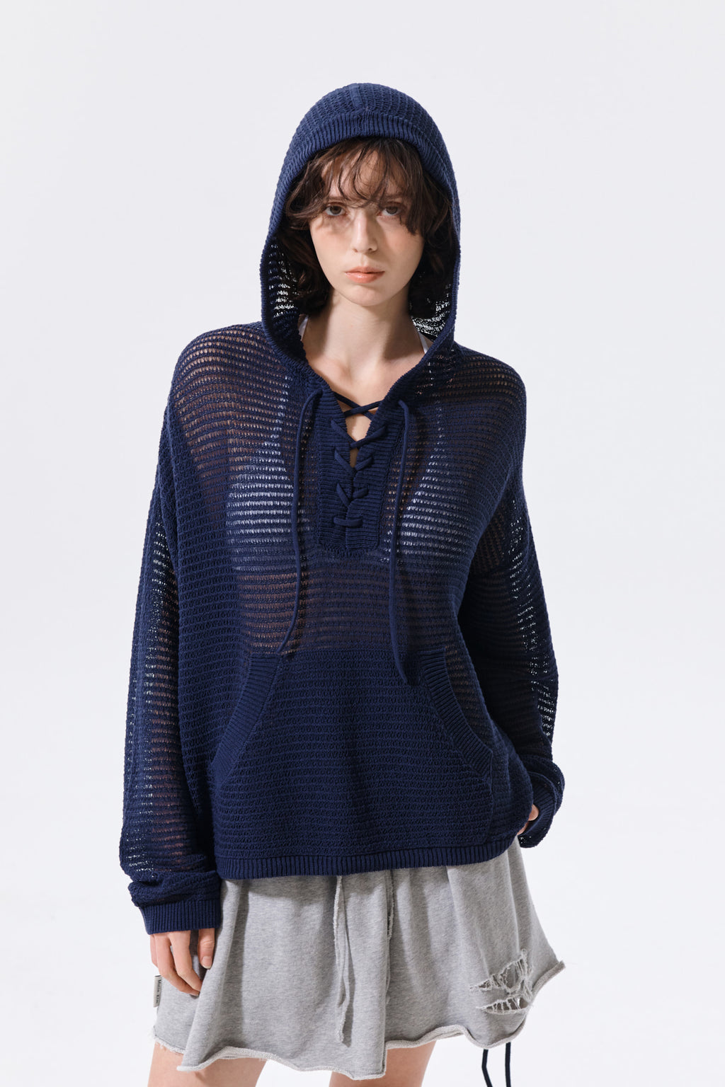Matin Kim - Oversized Mesh Knit Hoodie (Navy) product image 11 | TRAB K-Fashion Australia