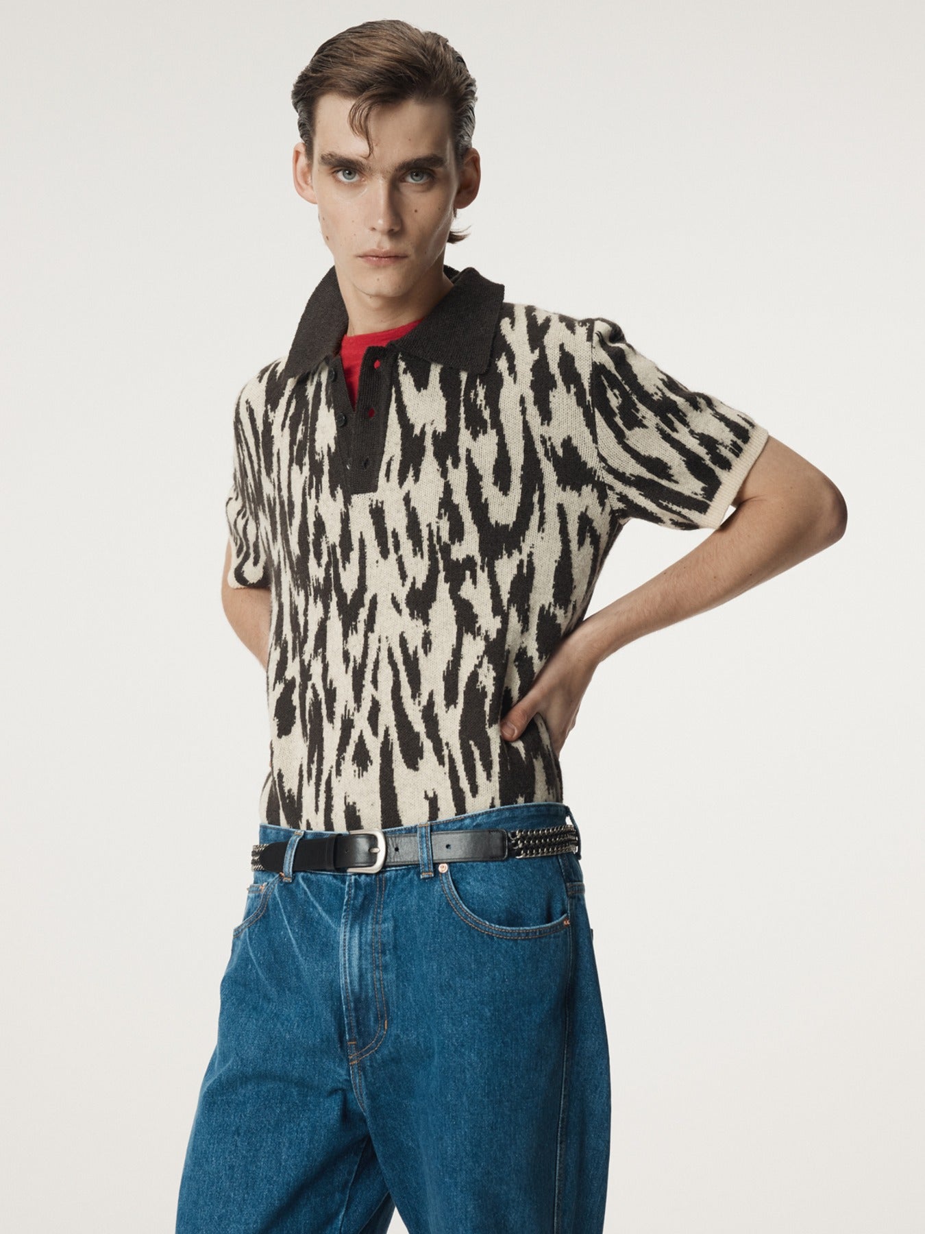 Recto - Leopard Jacquard Polo Knit Top (Dark Brown) product image 1 | TRAB K-Fashion Australia
