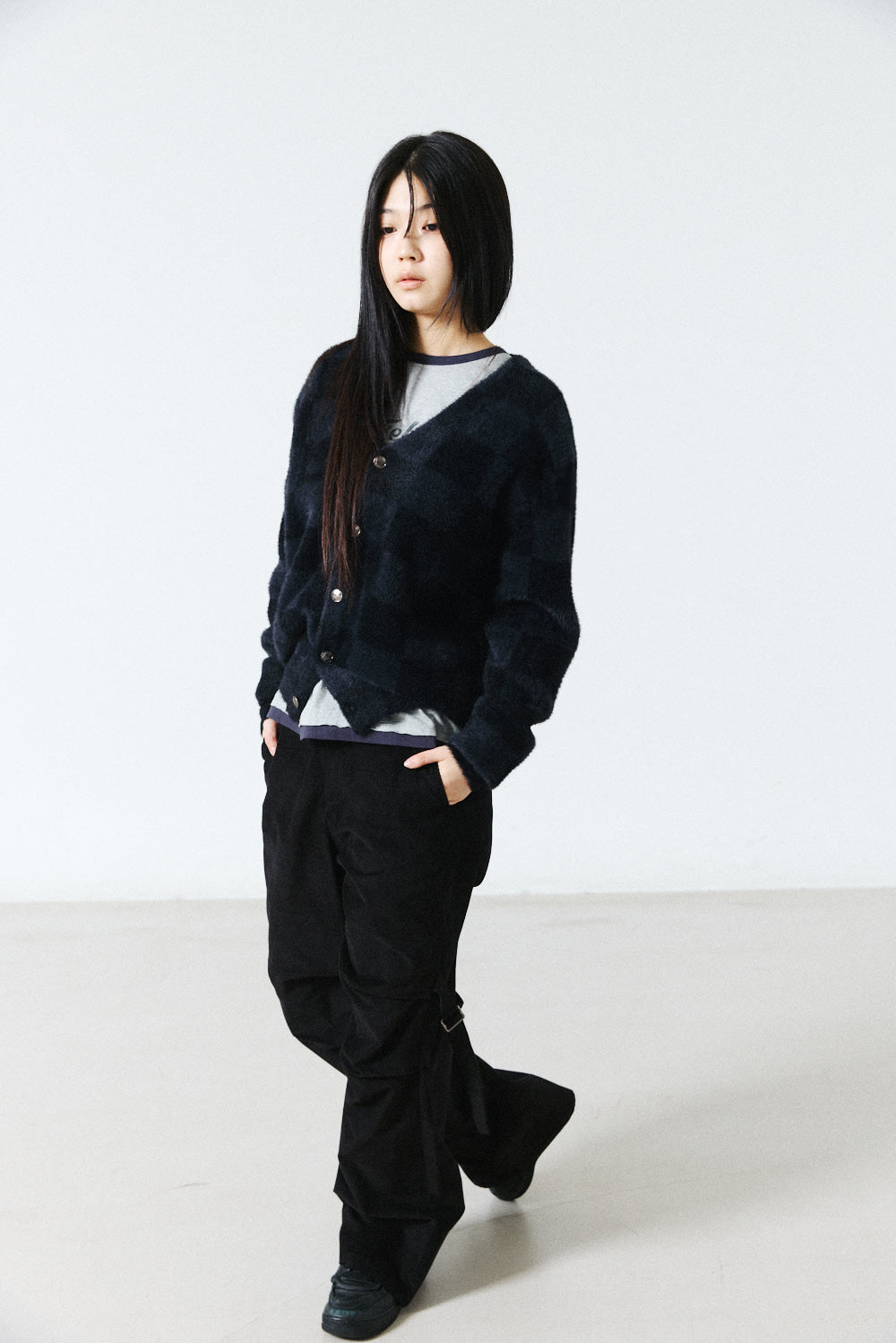 Hatchingroom - Hairy Cardigan Checkerboard (Black/Charcoal) product image 11 | TRAB K-Fashion Australia