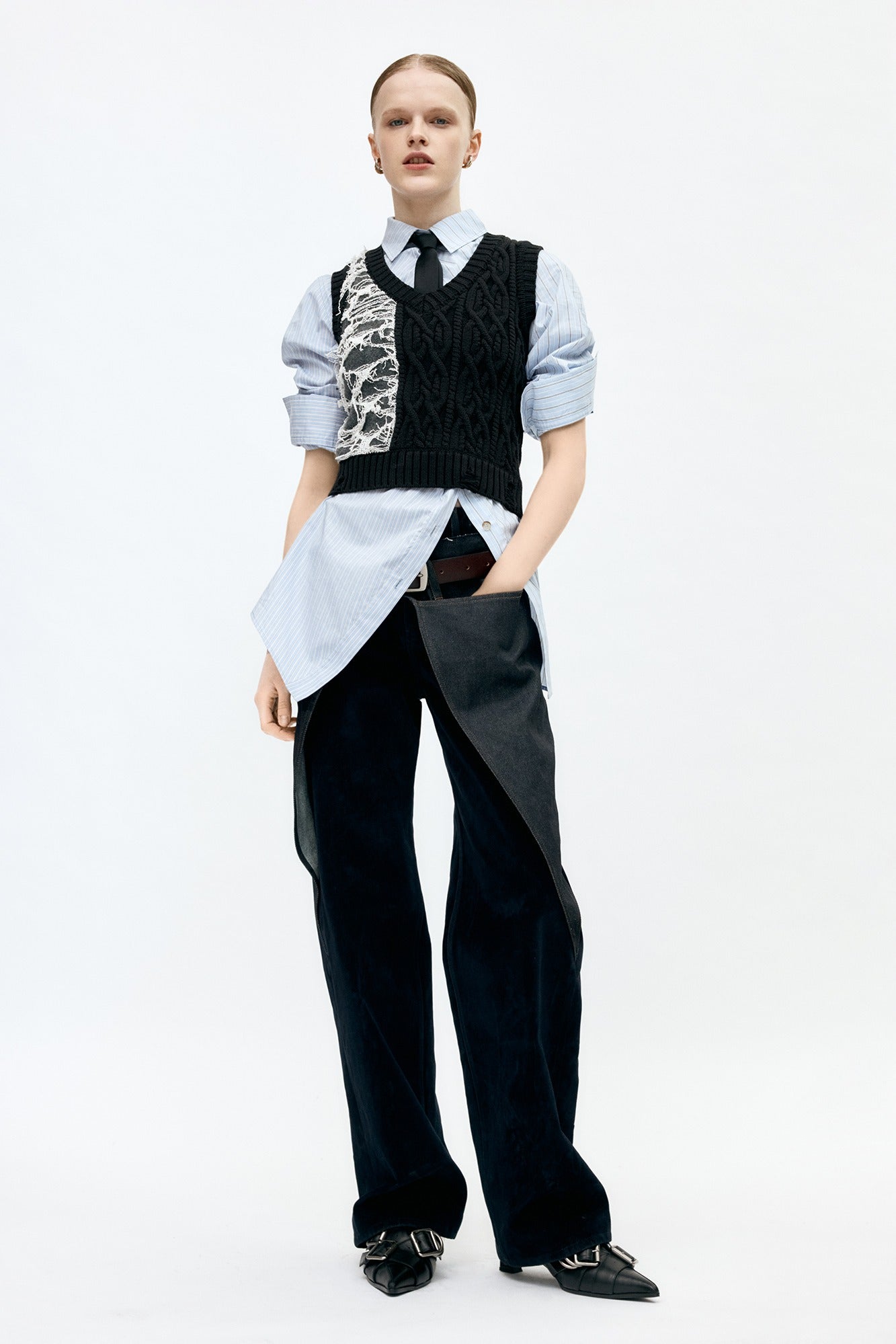 Andersson Bell - Boucle Cable Patchwork Knit Vest (Charcoal) product image 1 | TRAB K-Fashion Australia