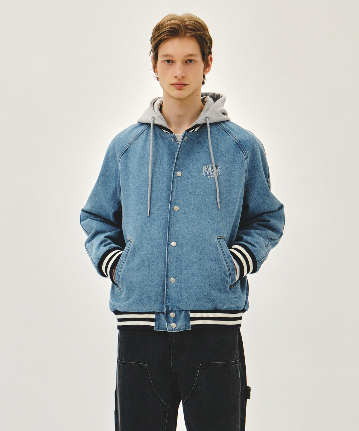 Marithe & Francois Girbaud - Classic Logo Raglan Denim Varsity Jacket (Light Blue) product image 1 | TRAB K-Fashion Australia