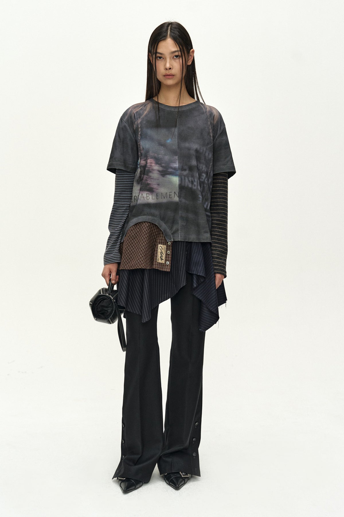Andersson Bell - Mixed Stripe Sleeve Layered Top (Charcoal) product image 2 | TRAB K-Fashion Australia