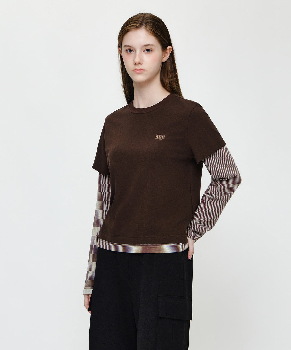 Marithe & Francois Girbaud - Half Sleeve Layered Long Sleeve Tee (Brown) product image 2 | TRAB K-Fashion Australia
